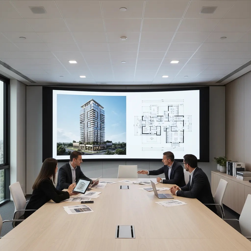 team reviewing architectural portfolio and building renderings on large screen
