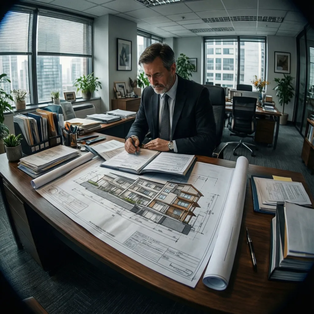professional reviewing building permit drawings at city planning office