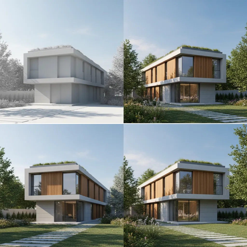 Comparison between architectural model and finished photorealistic render