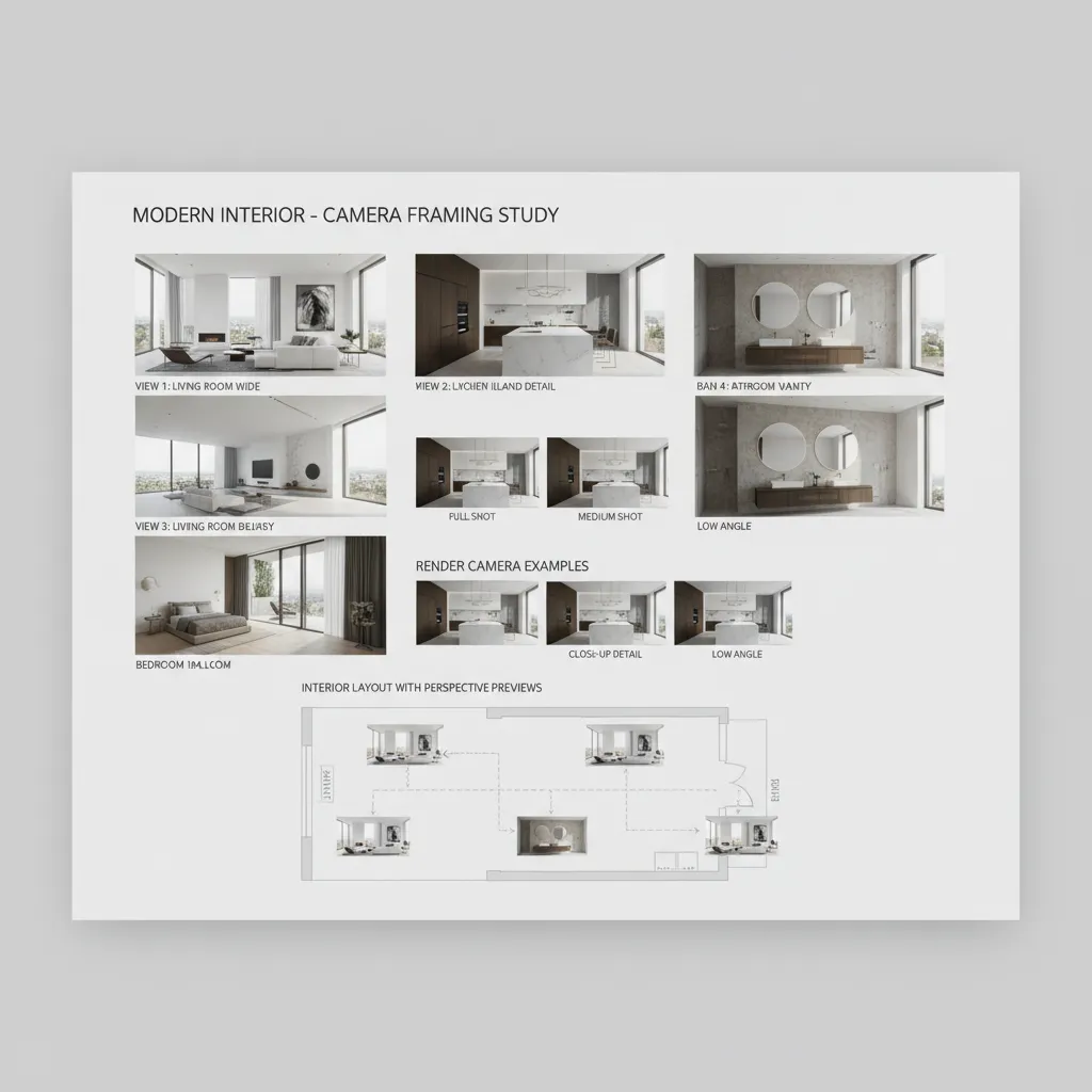 Architectural render planning with multiple camera angles of a room