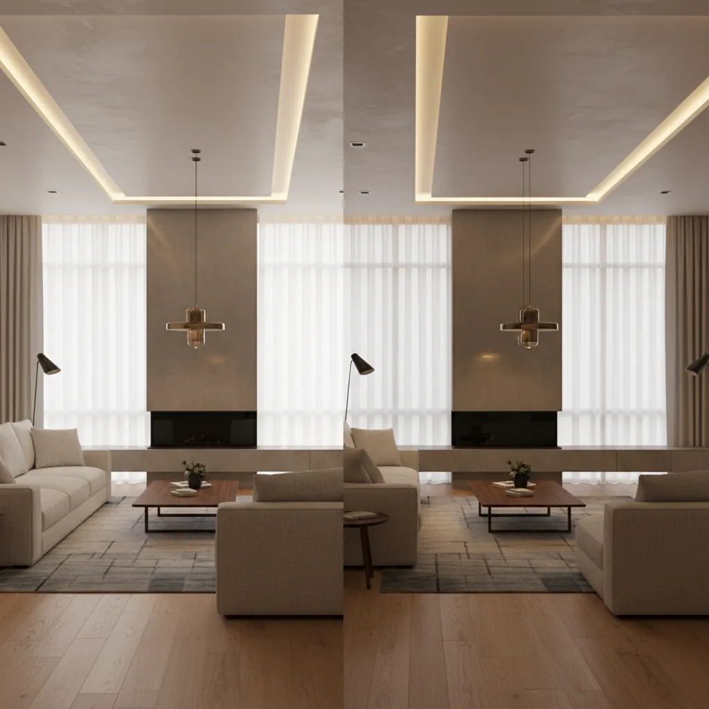 comparison between high quality and low quality architectural 3D render lighting and materials