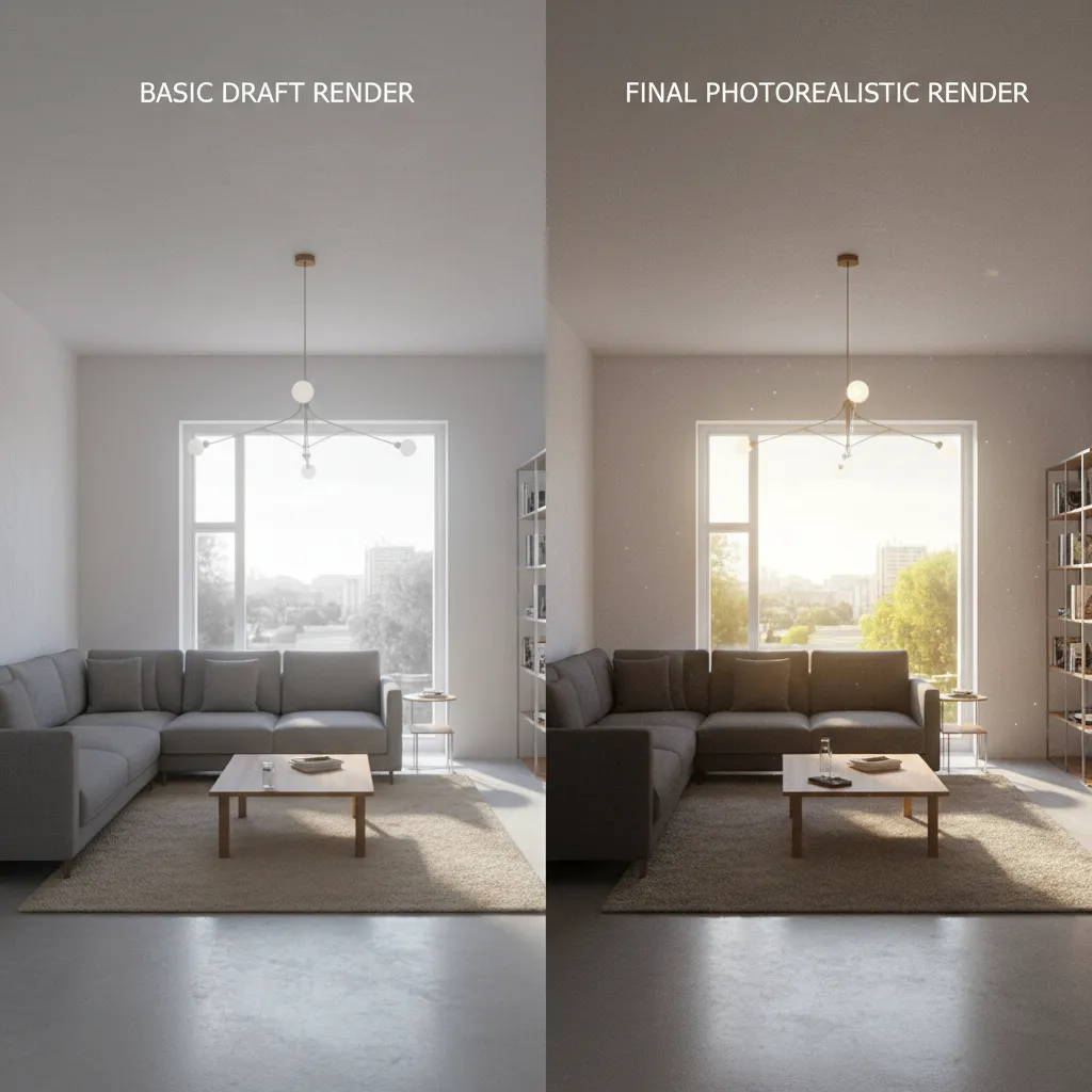Comparison of draft render and final photorealistic render