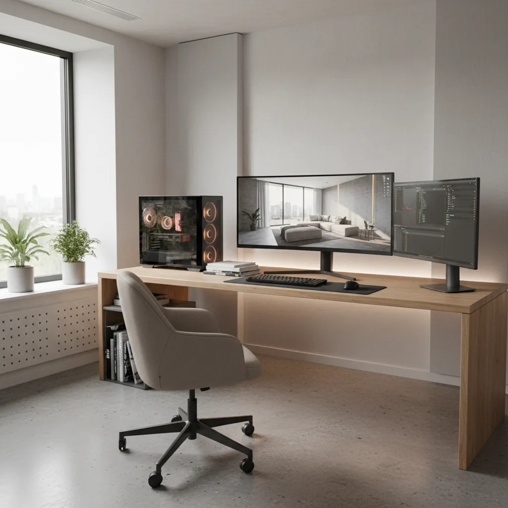 architectural visualization artist working on a 3D render scene at a workstation