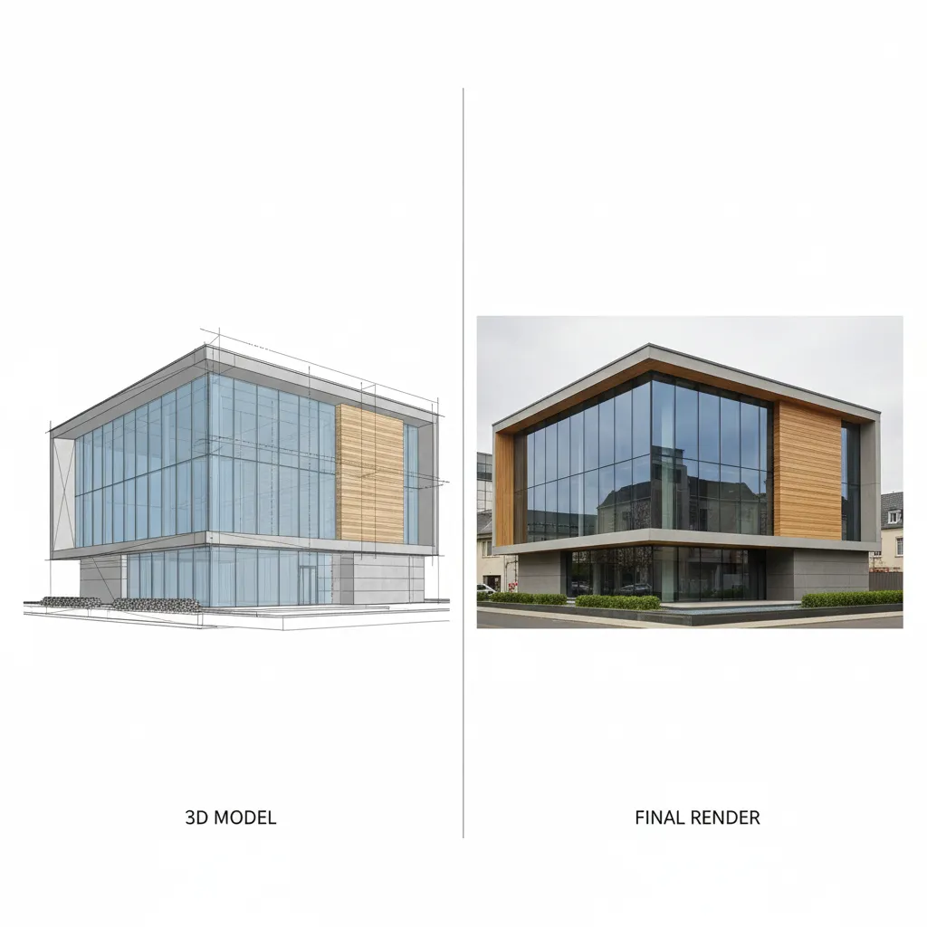 Comparison of architectural model and finished photorealistic 3D rendering