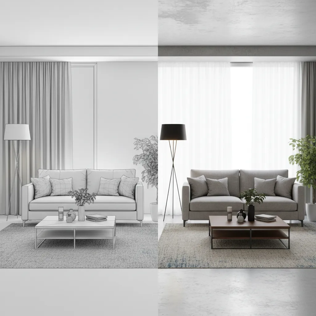 comparison style view of simple 3D model and photorealistic render of the same living room