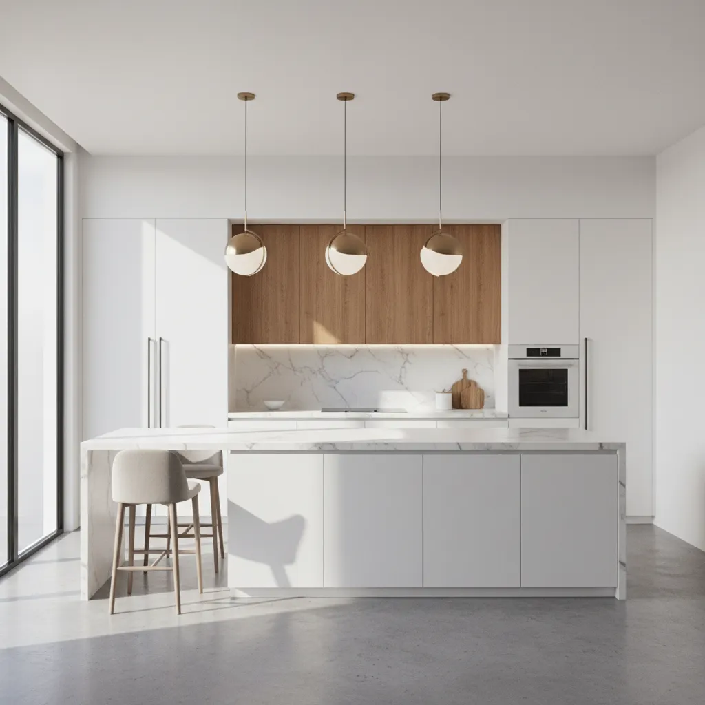 3D rendering showing kitchen layout and circulation space