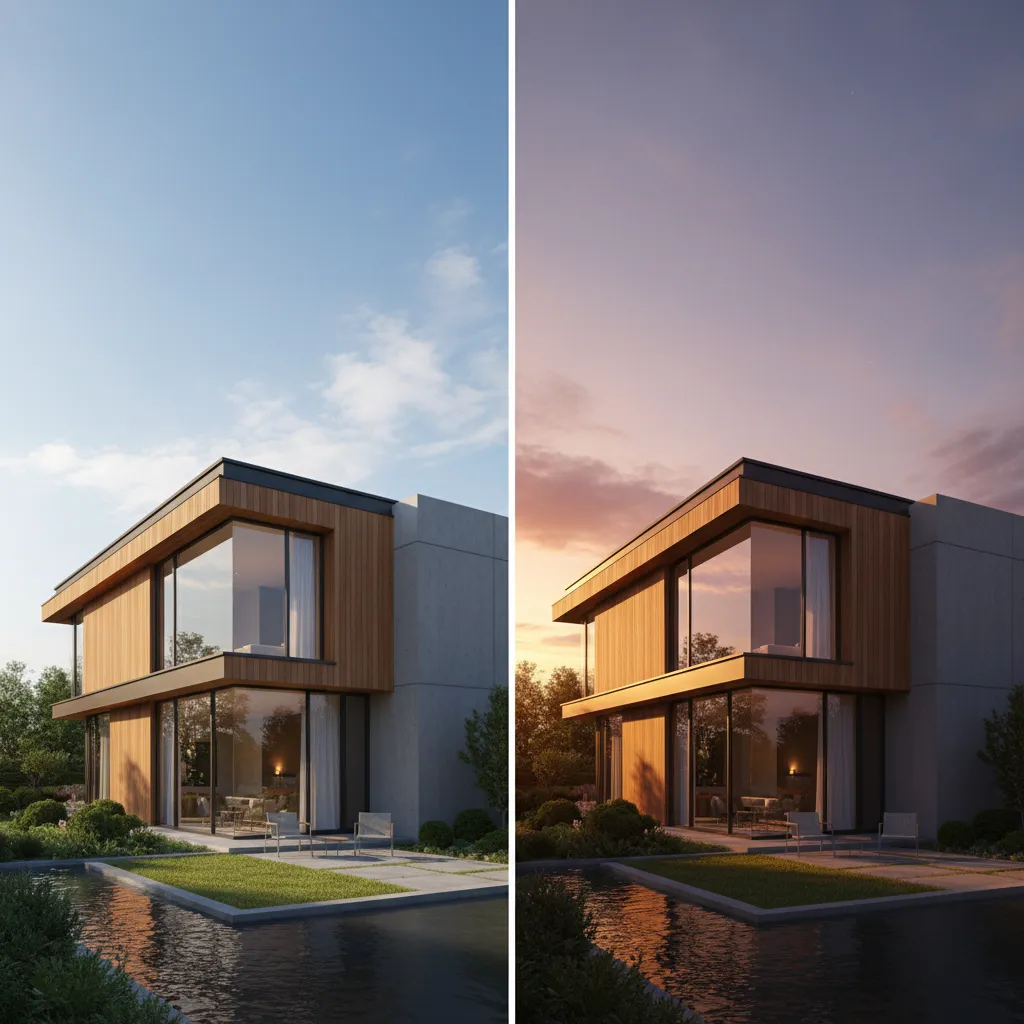Comparison of daylight and sunset lighting in architectural rendering