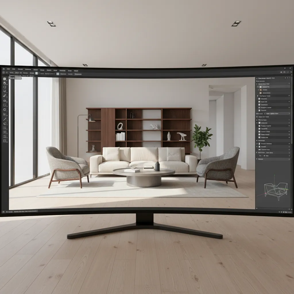 Architectural rendering scene showing lighting setup and interior layout