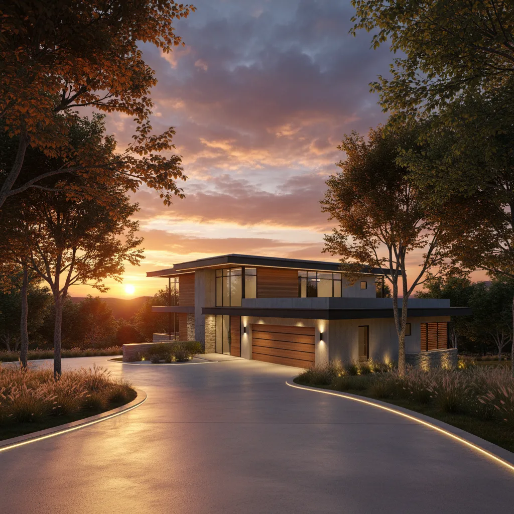 photorealistic exterior house rendering with landscaping created in rendering software