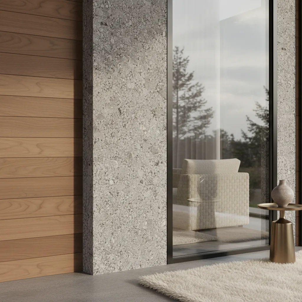Close up architectural rendering showing realistic lighting and material textures