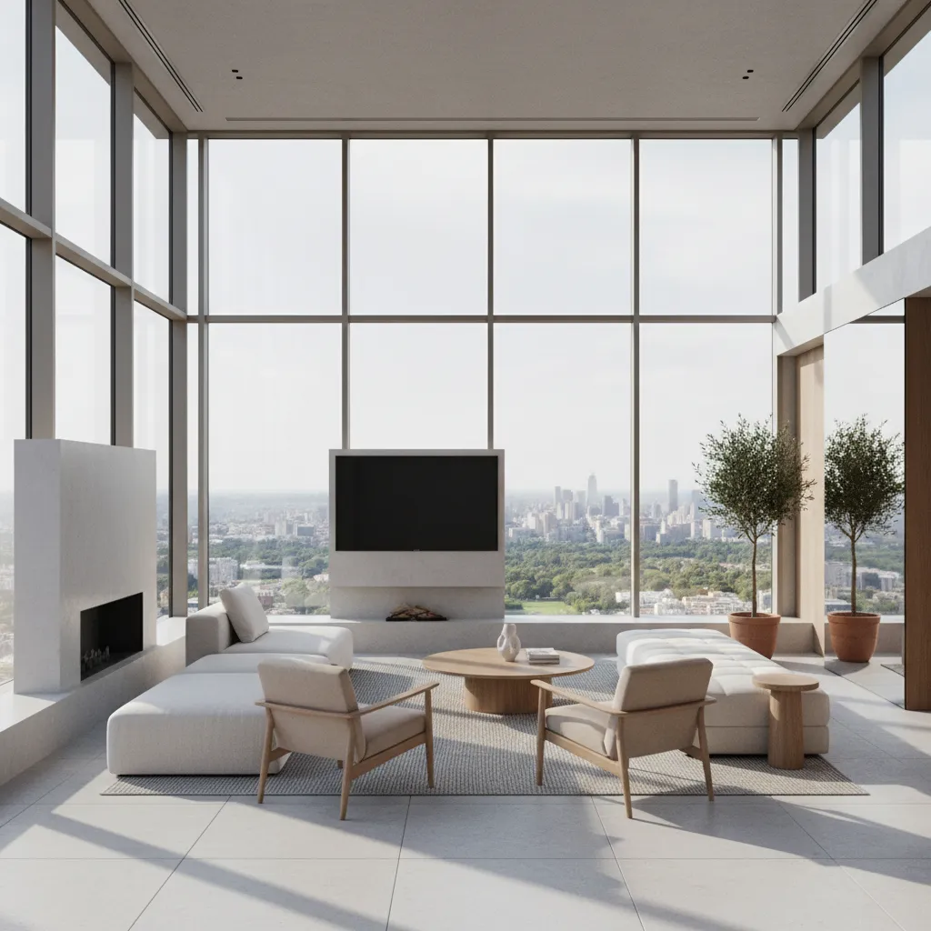 Modern living room shown as a photorealistic 3D architectural rendering