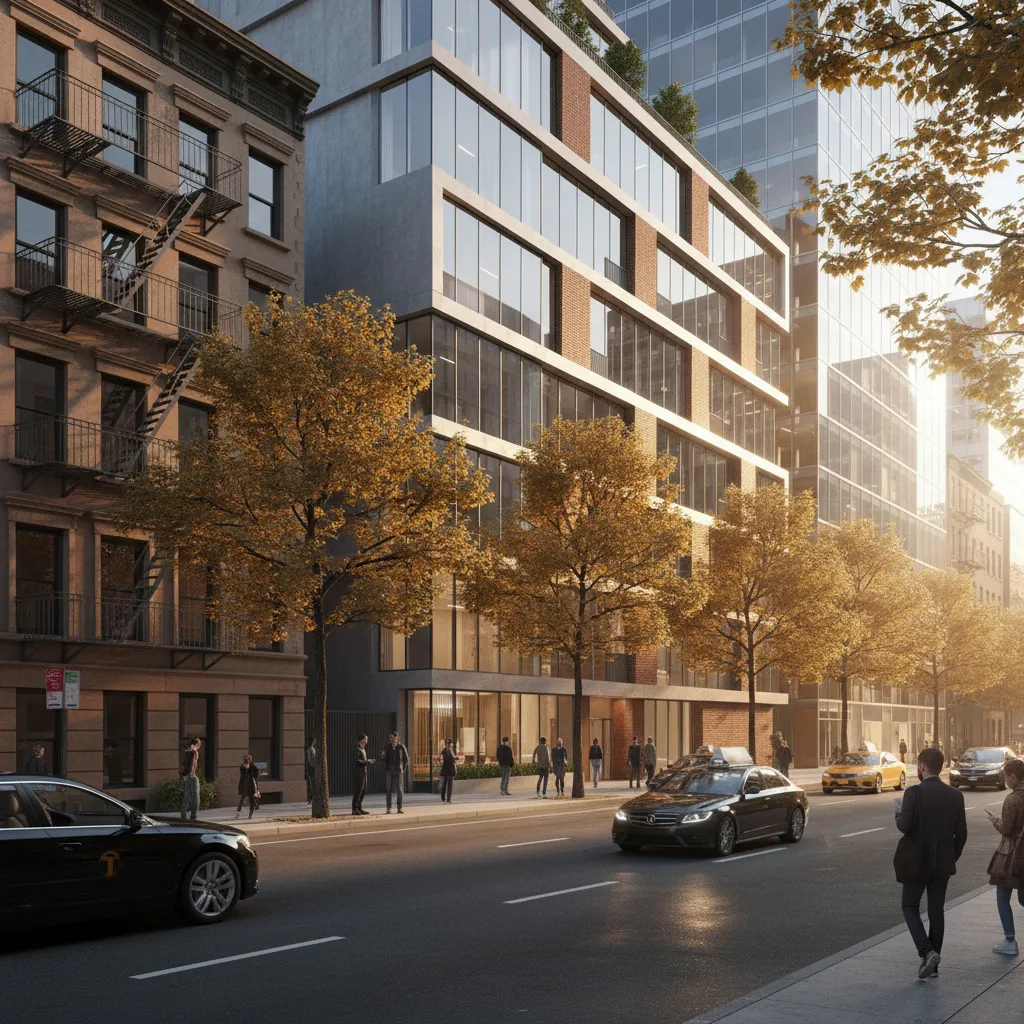 Modern city building next to brick apartment with trees cars and people on the street