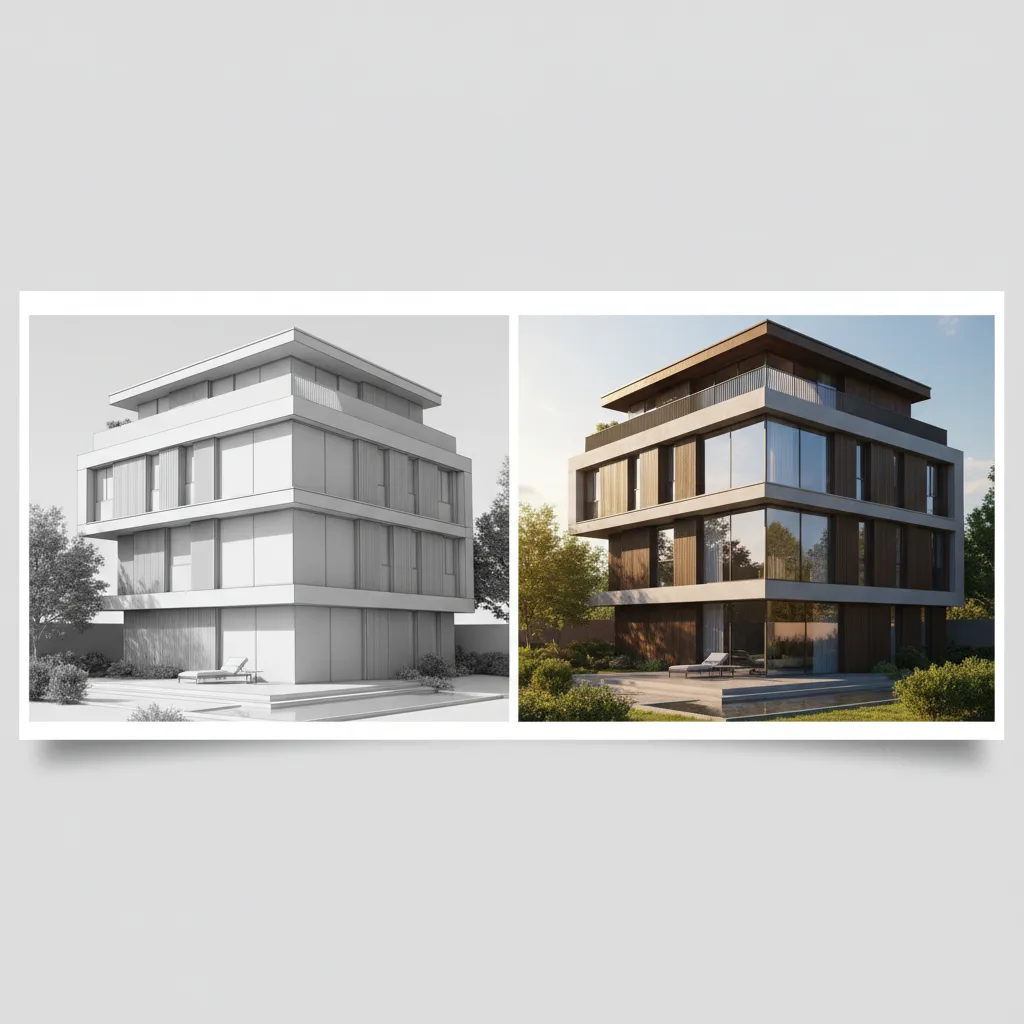 Side by side architectural 3D model and final photorealistic render
