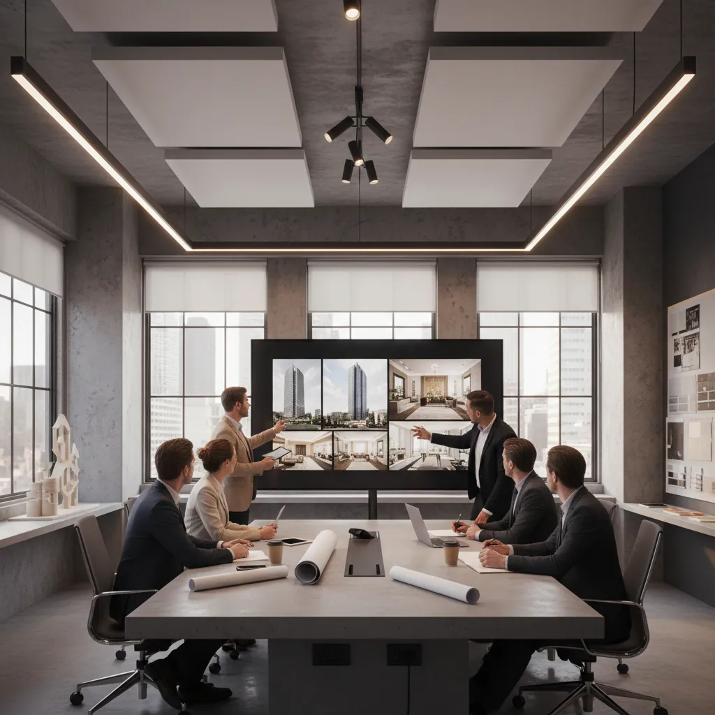 architects reviewing architectural renderings on a screen during design meeting