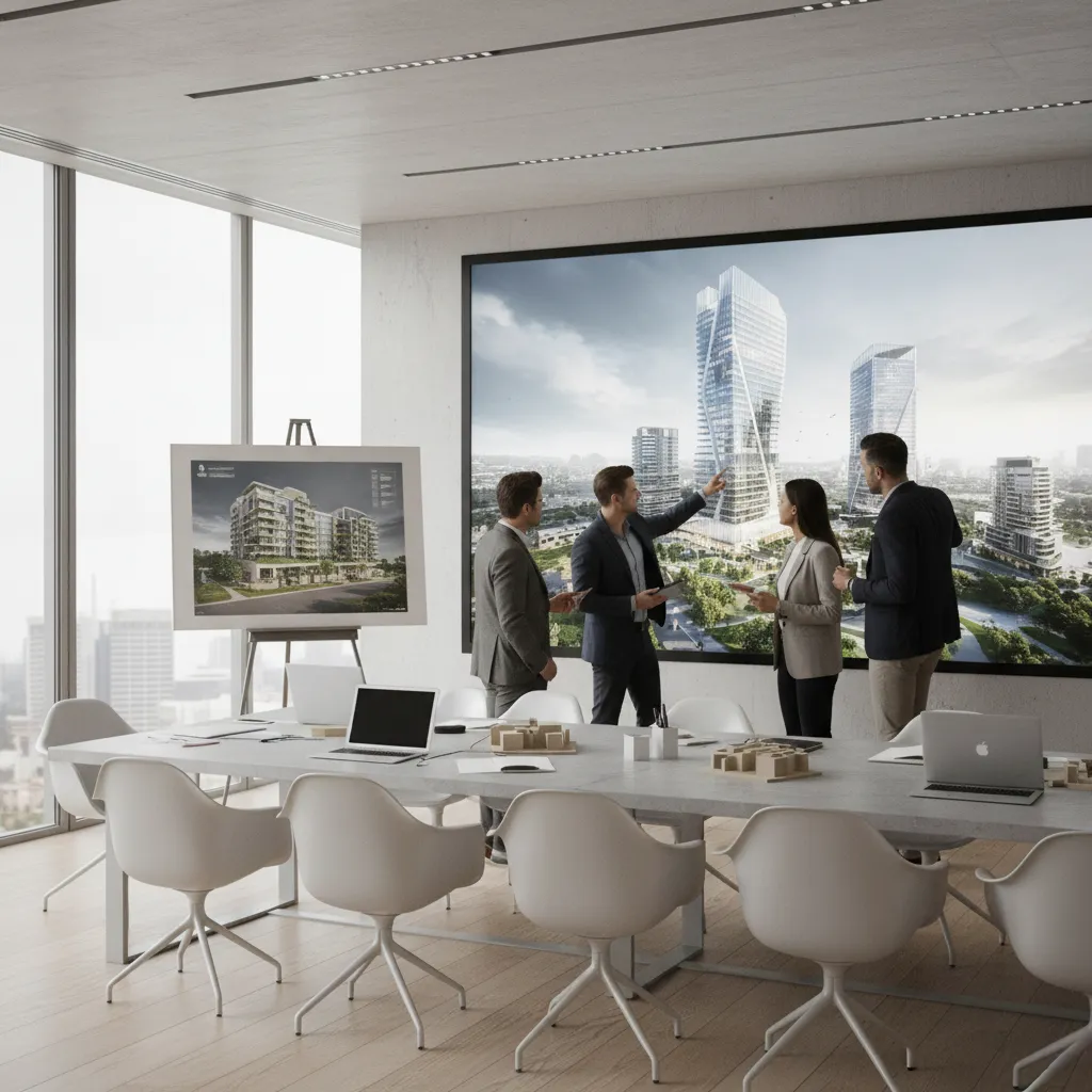 Design team reviewing architectural render on large screen in meeting