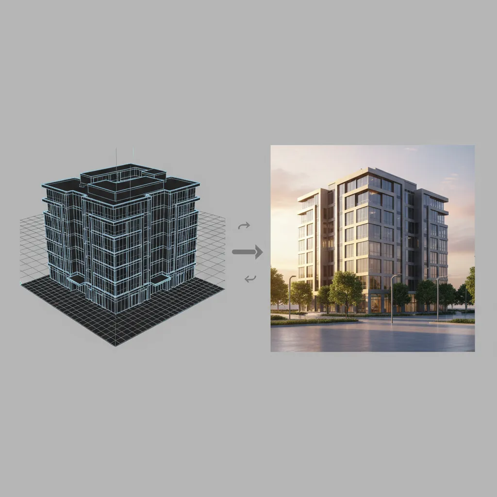 architectural 3D modeling workflow showing wireframe to final render
