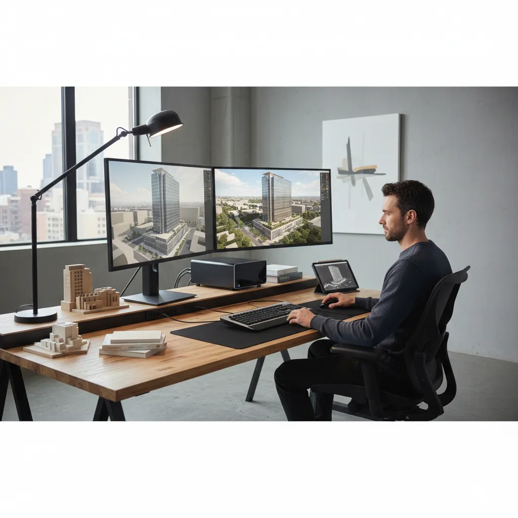 Designer working on architectural 3D render on large monitor