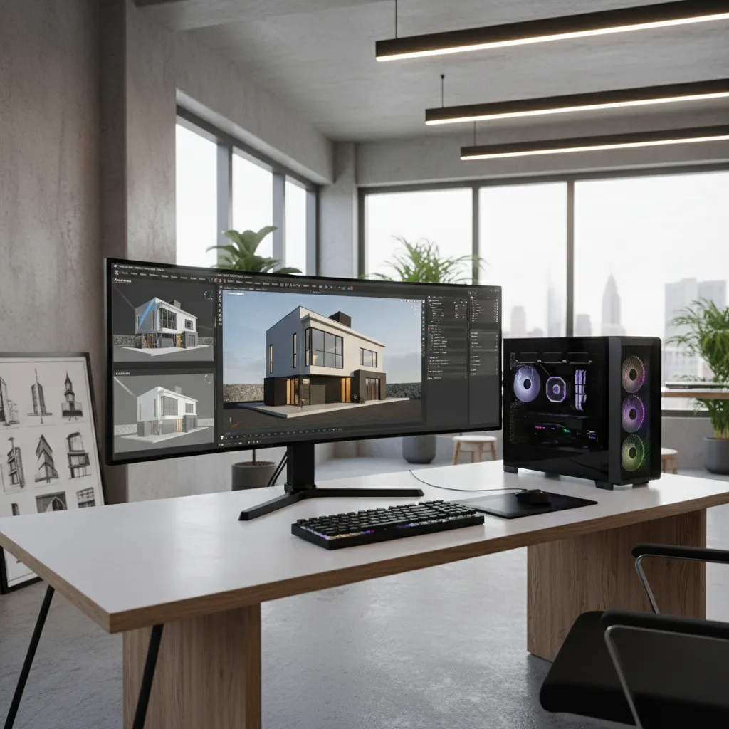 Interior design drawing software on wide monitor with black computer tower on white wooden office desk