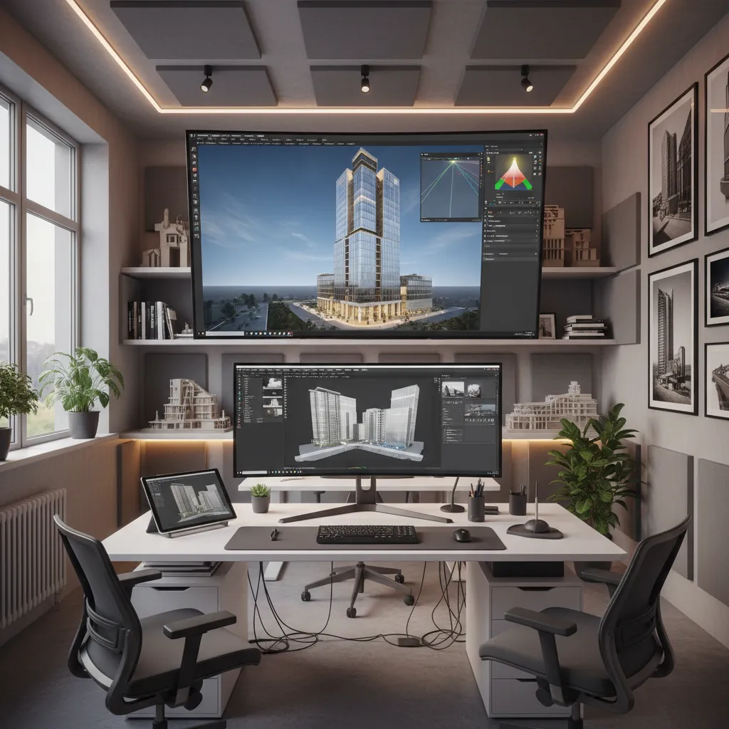 3D architectural rendering workflow showing building model and lighting simulation