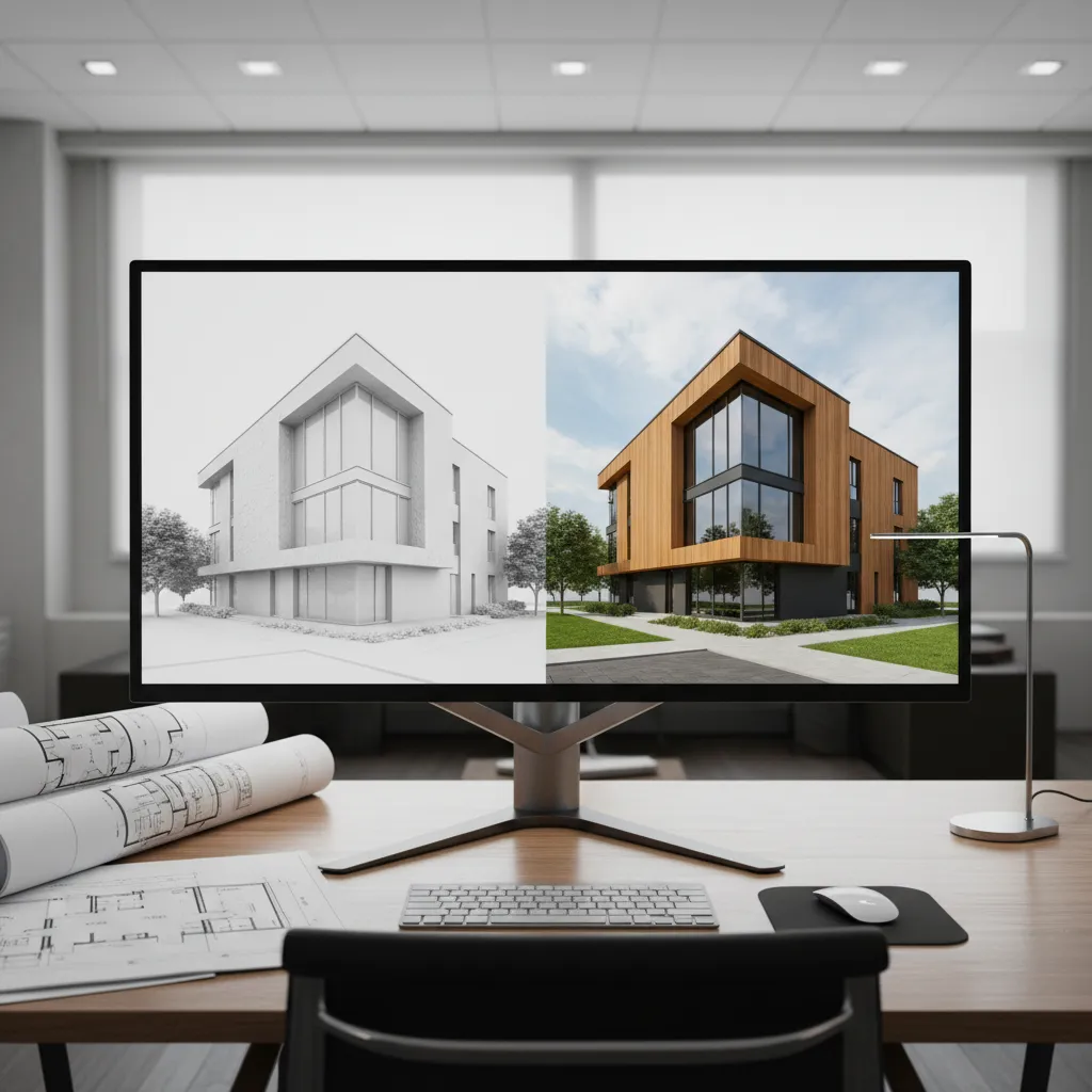 Architectural rendering workflow showing modeling lighting and final render stages