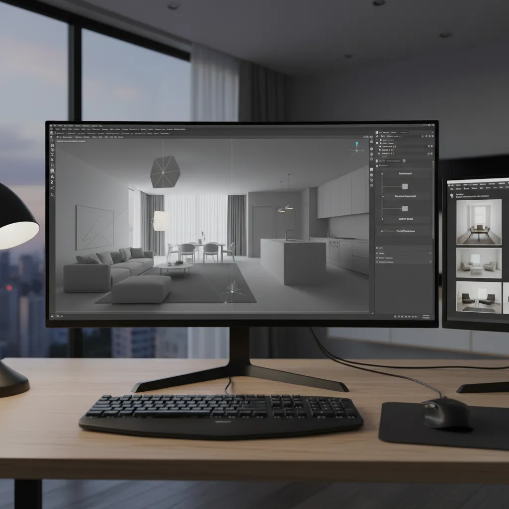 3D architectural scene showing modeling and lighting setup before final render