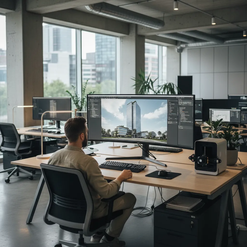 Architectural visualization studio workspace showing rendering software and building model on screen