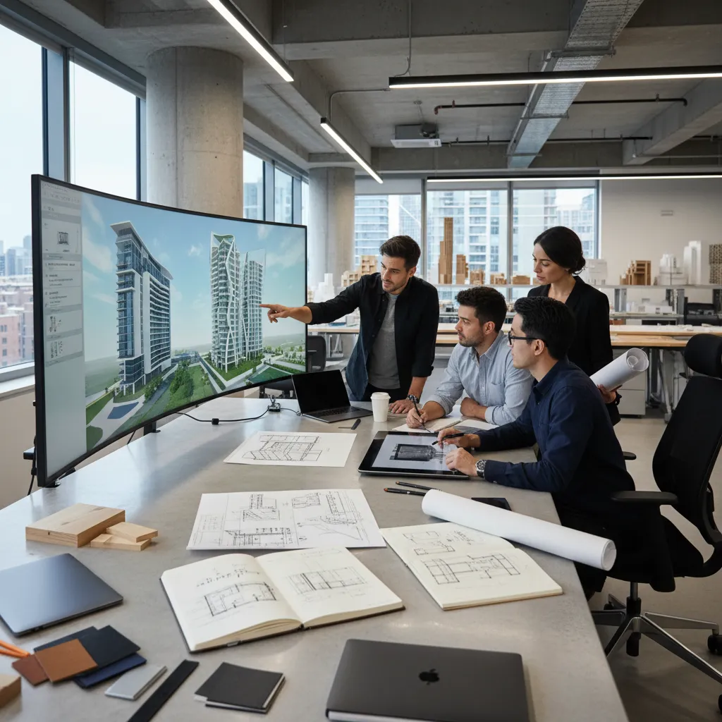 Architects reviewing 3D rendering visualization on large screen in design studio