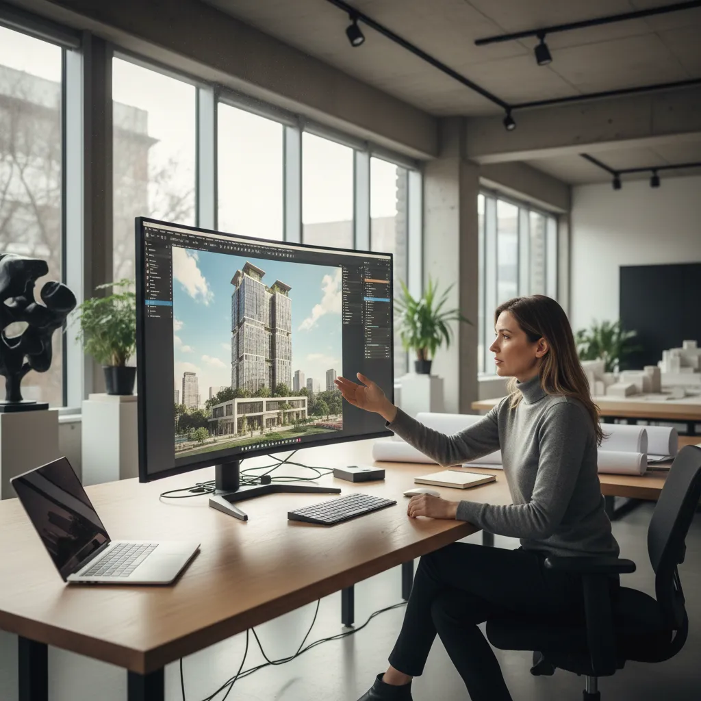Architect reviewing photorealistic building render on computer screen