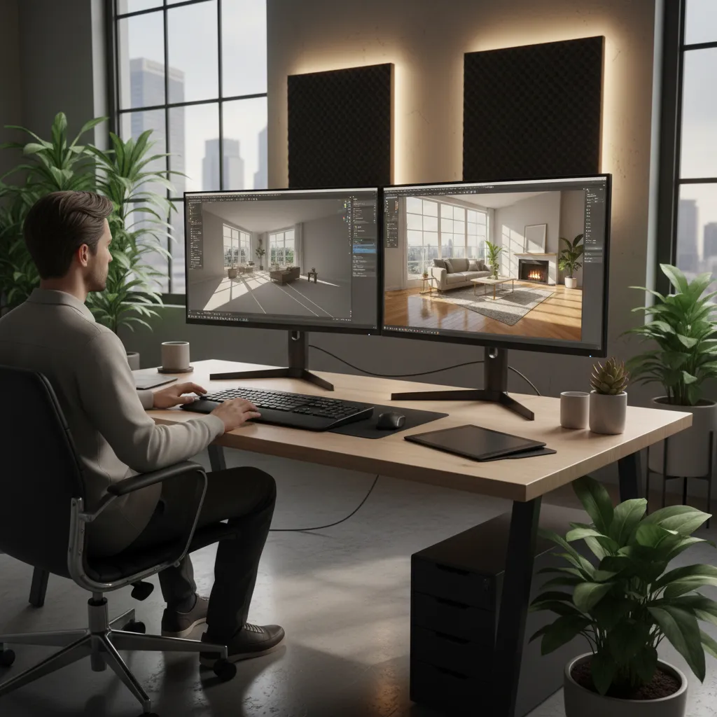 designer creating a photorealistic architectural render on a computer workstation