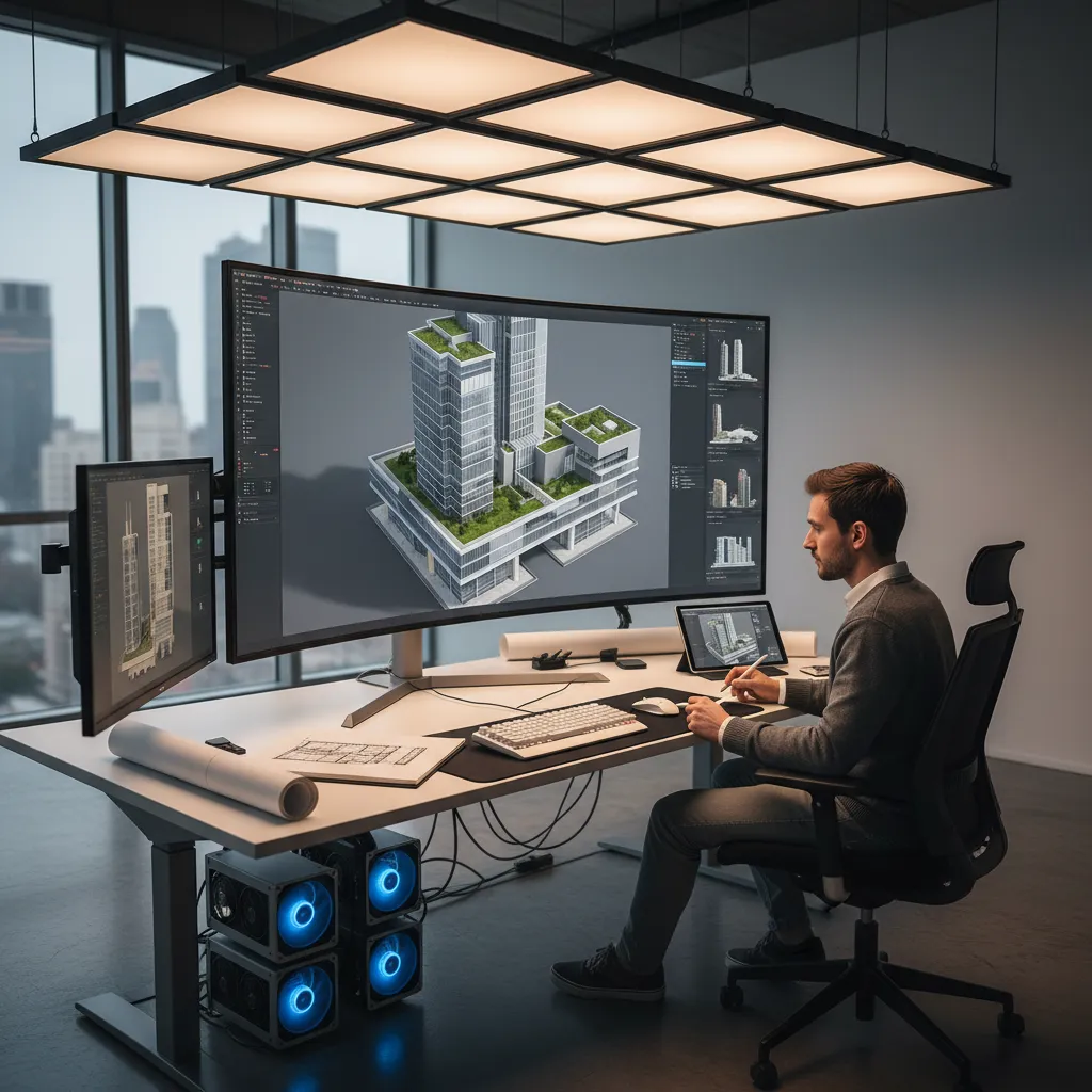 Architect working on a 3D architectural render on a computer