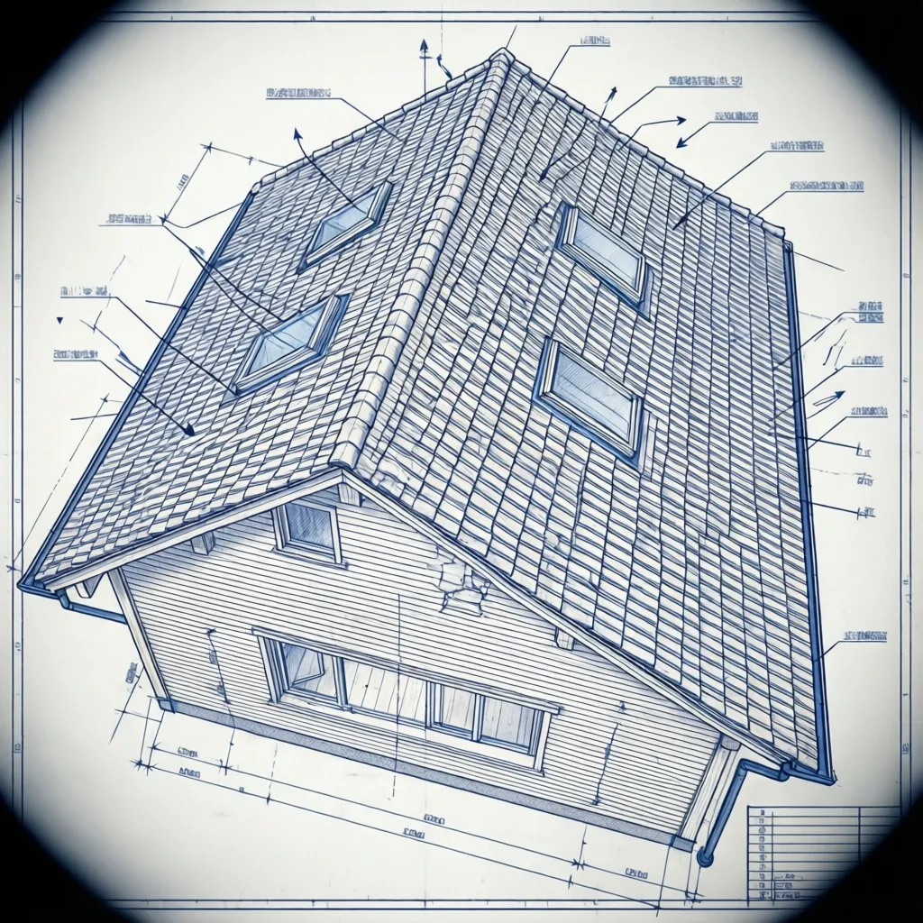 Architectural roof plan showing slopes ridges and drainage arrows