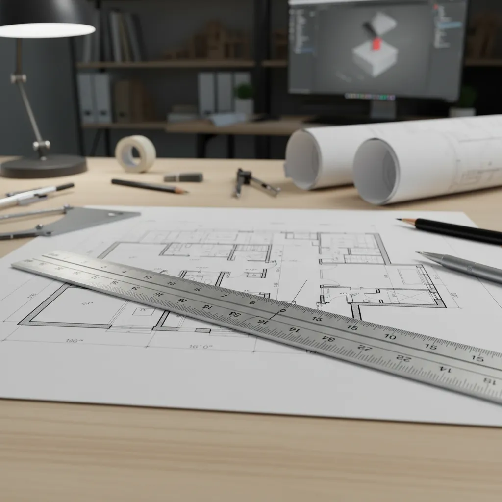 Architectural scale ruler measuring wall length on a floor plan drawing