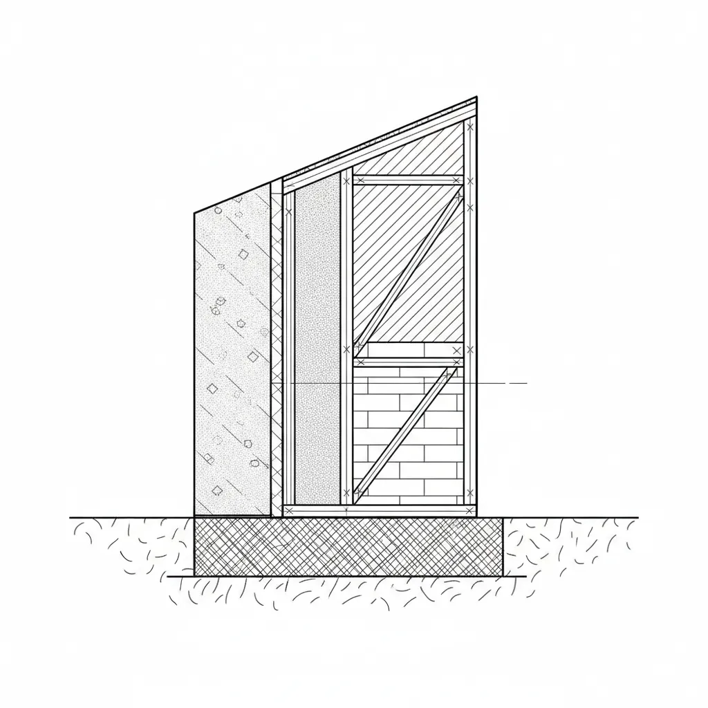 Architectural wall section drawing with concrete brick and insulation hatch patterns