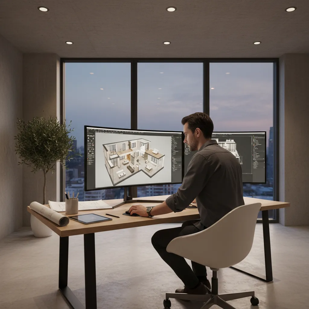 Architect reviewing 3D floor plan workflow using CAD and BIM software on large monitor