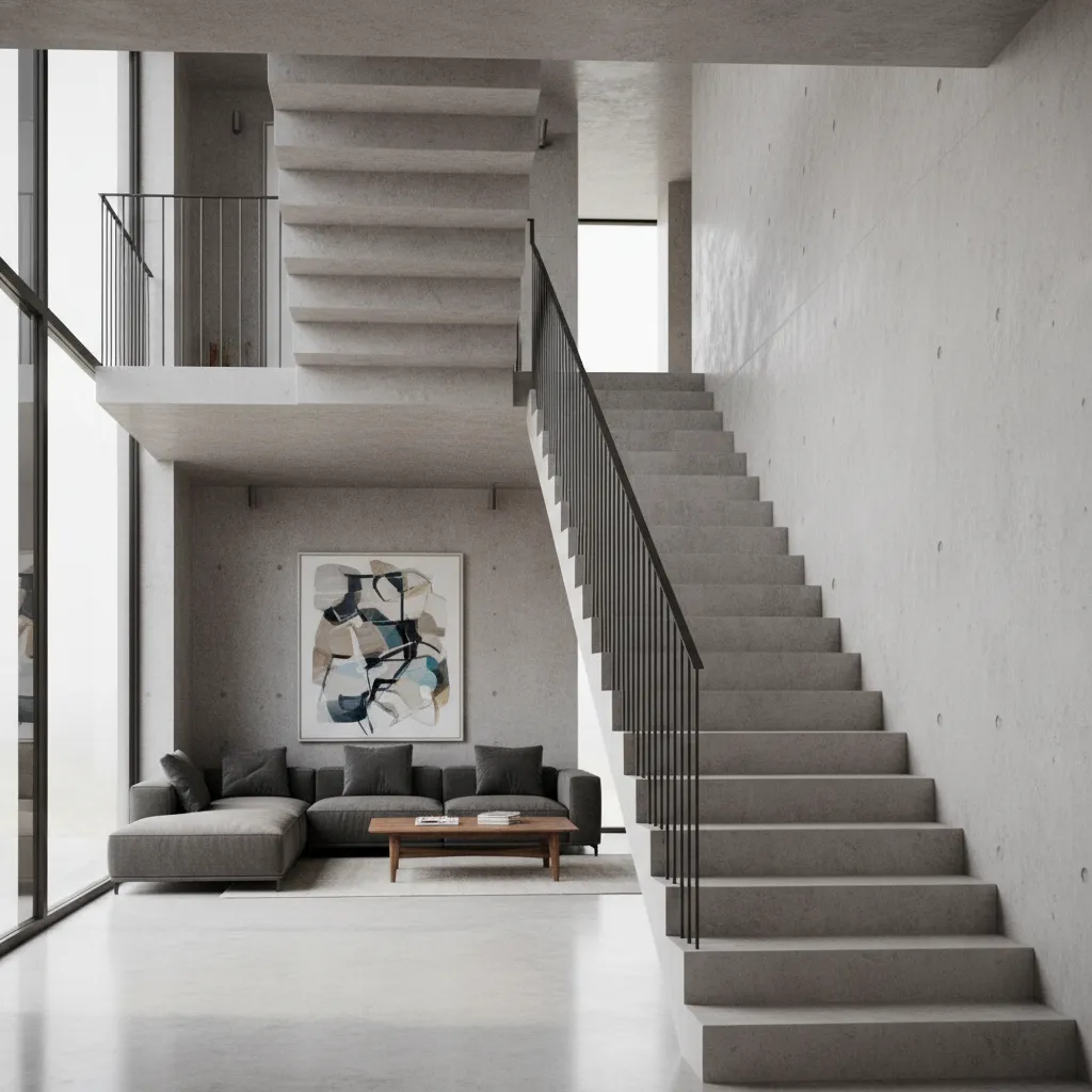 Render arquitectónico de escalera de cemento en diseño interior