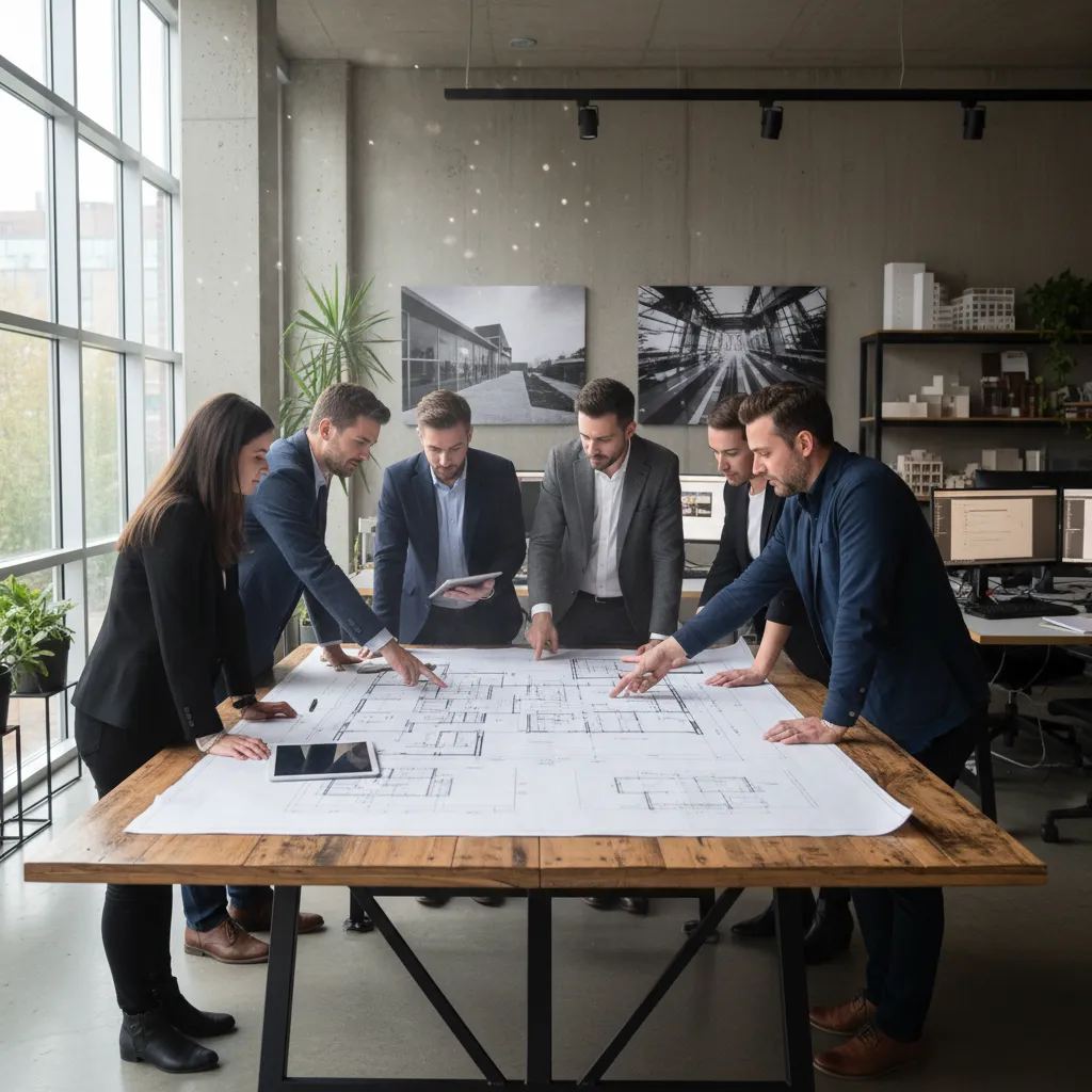 architects and engineers reviewing a printed architectural floor plan together
