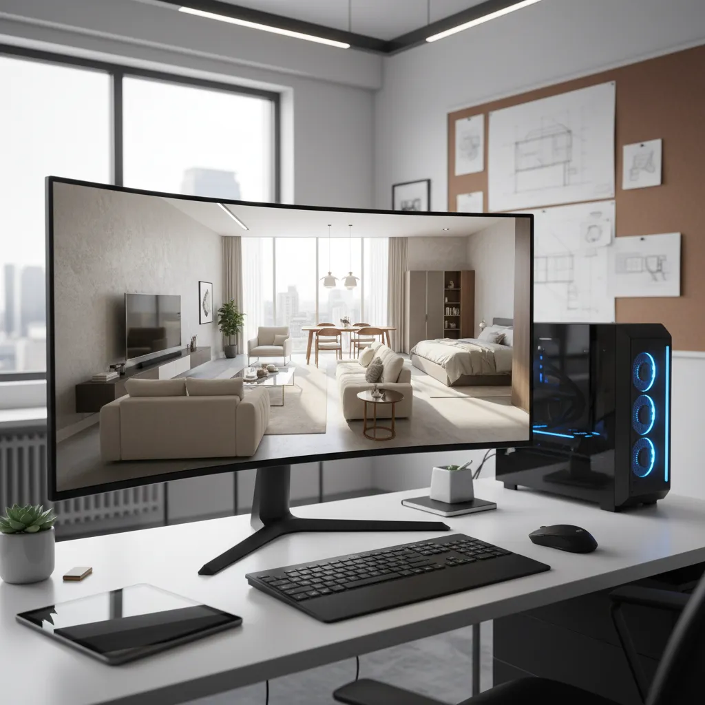 3D architectural visualization of a modern apartment layout on a design workstation
