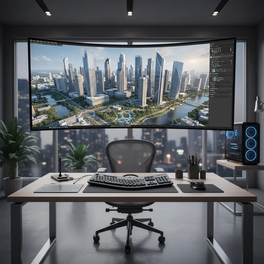 Architectural visualization scene with detailed building models and lighting preview