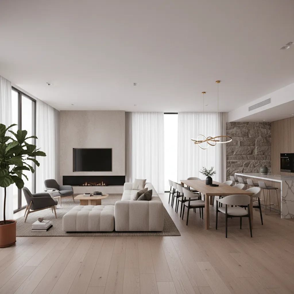 architectural project 3D render showing interior layout and lighting