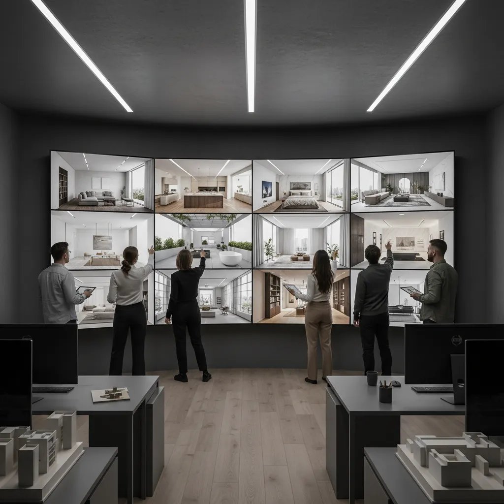 team reviewing multiple interior render frames during visualization quality control