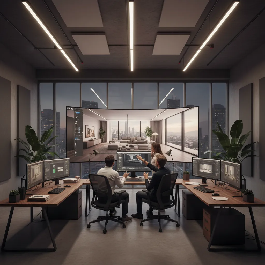 design team reviewing interior 3D render on large screen