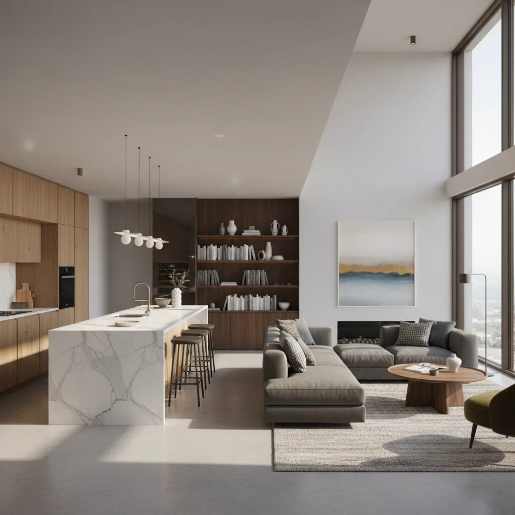realistic 3D rendered walkthrough view of modern home interior