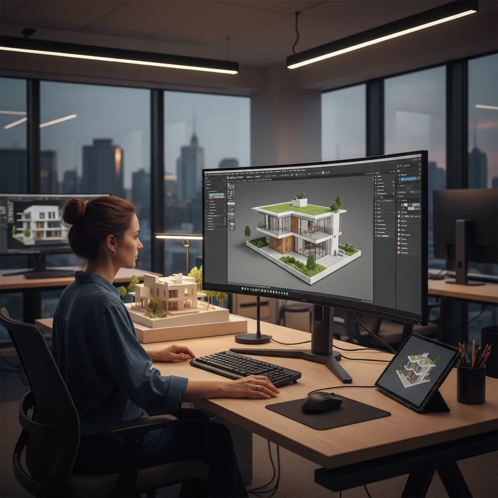 3D artist working on architectural home rendering software with modern house model