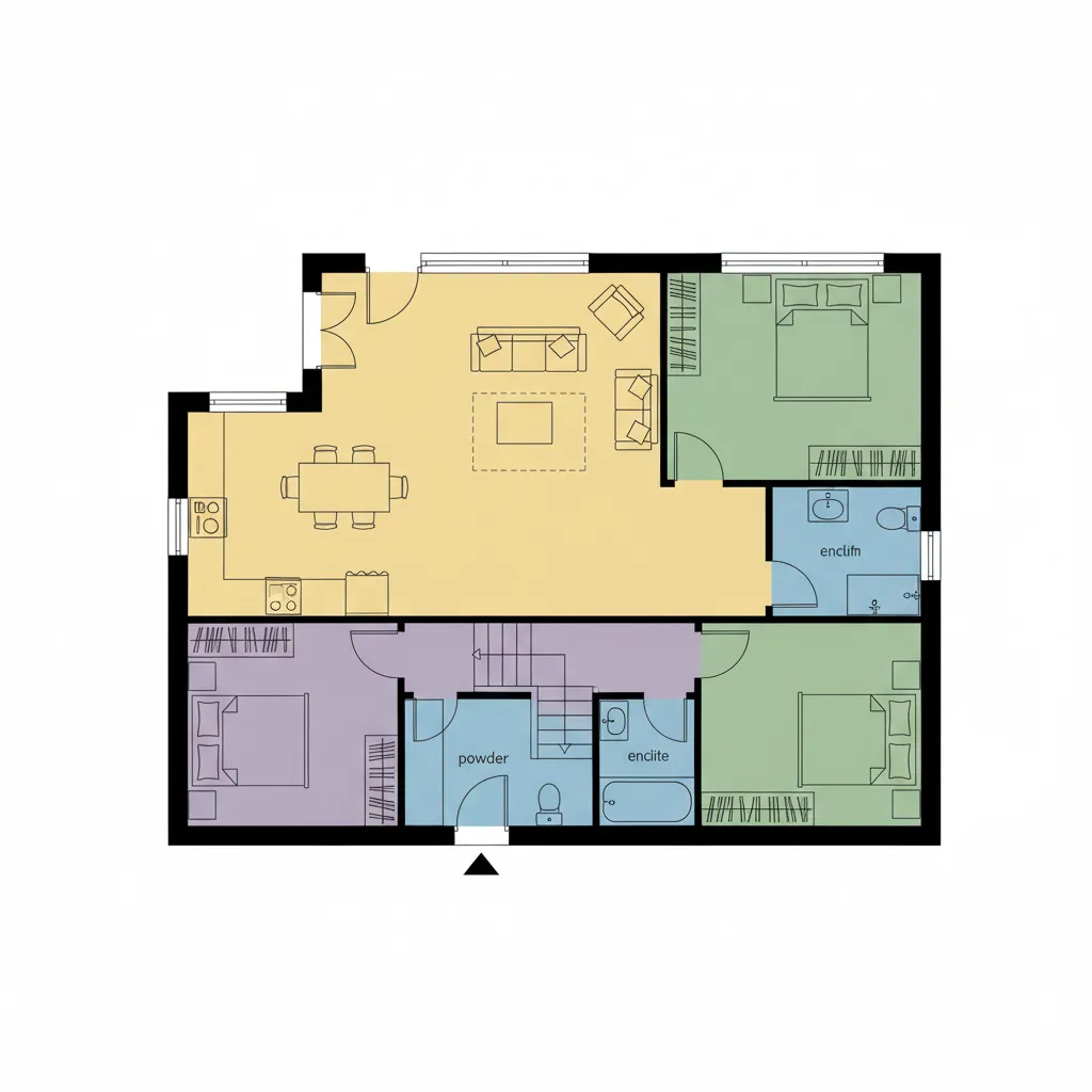 Residential floor plan with colored zones for living sleeping and service areas