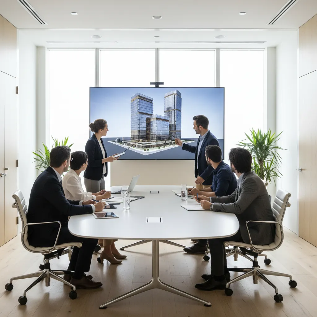 Architecture team reviewing a building 3D model together on a large screen