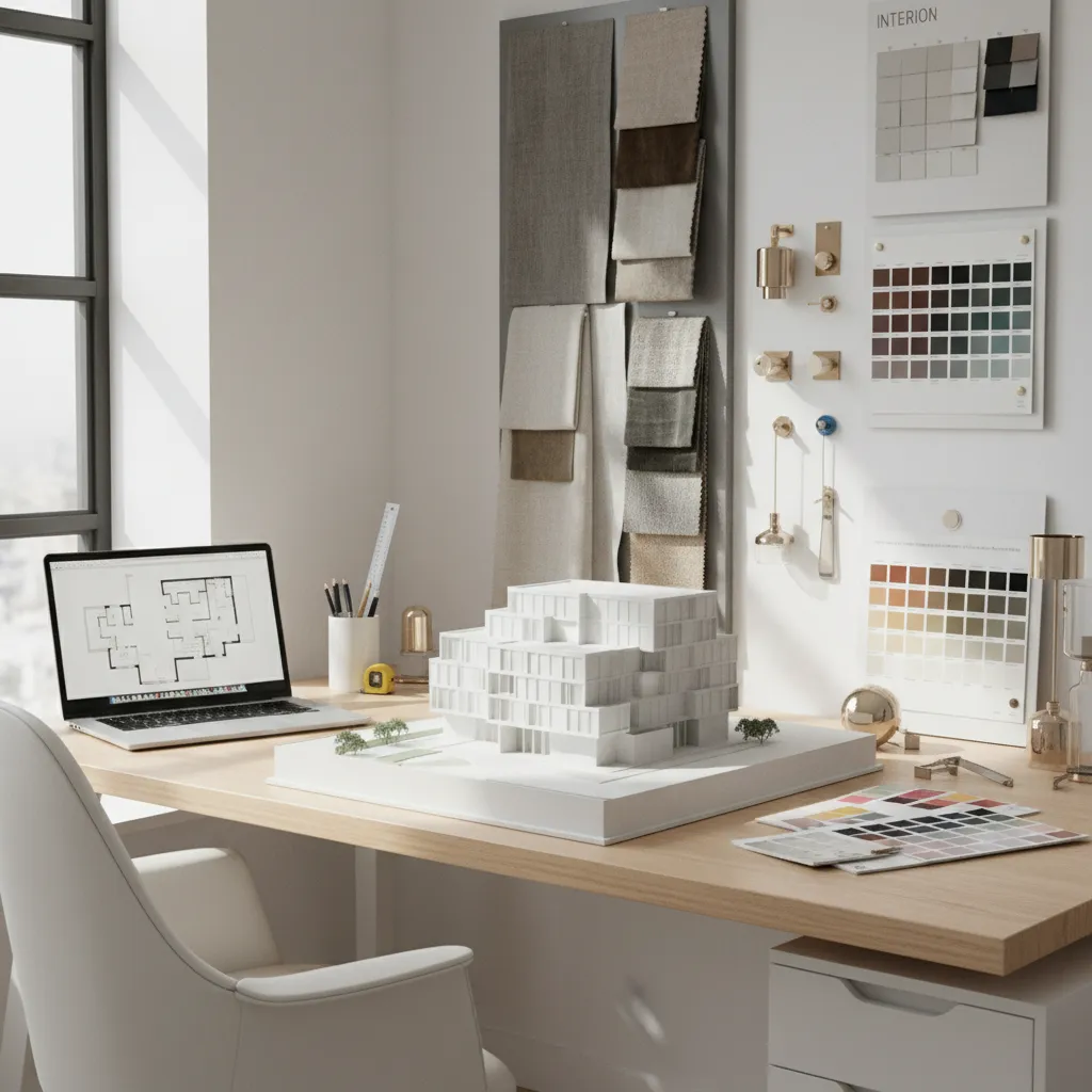 design studio workspace with architectural drawings and interior design materials