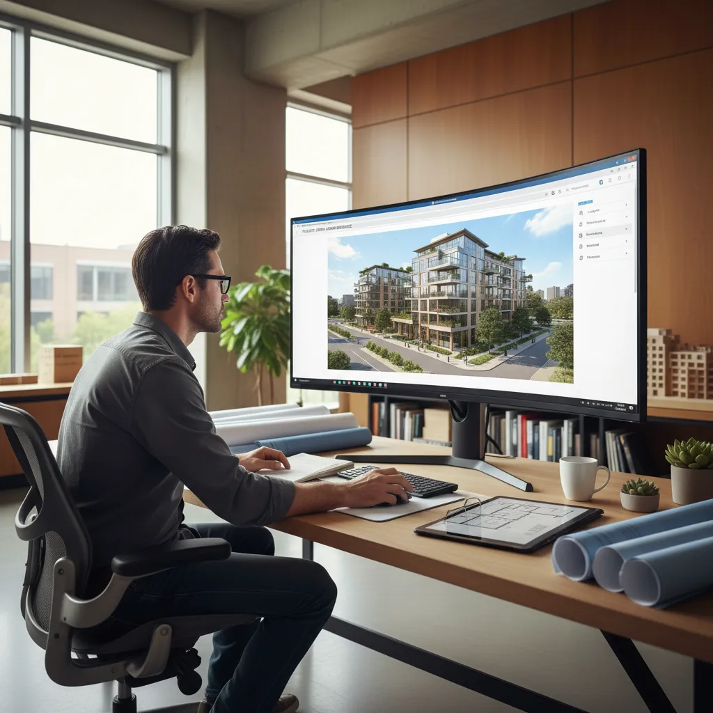 Architect reviewing building model through an online 3D viewer