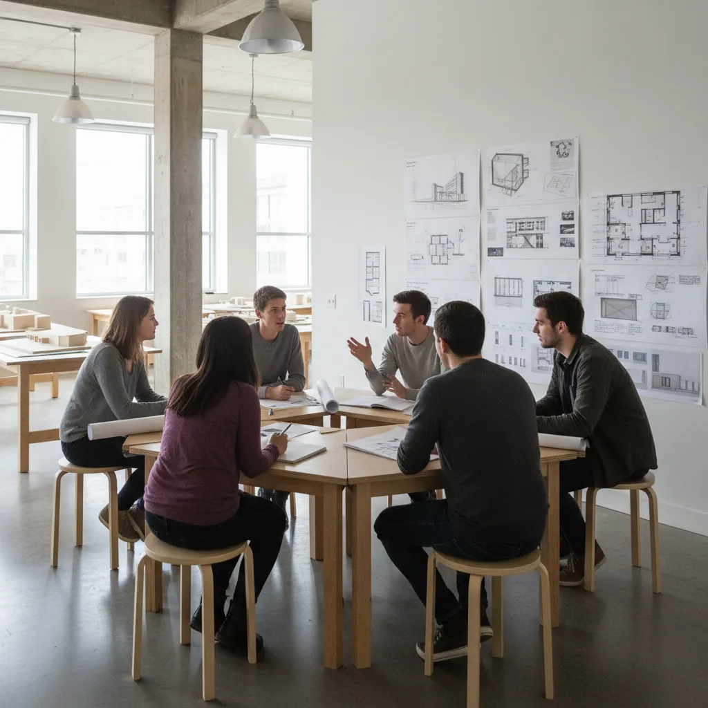 architecture students sitting in circular seating during a studio critique discussion