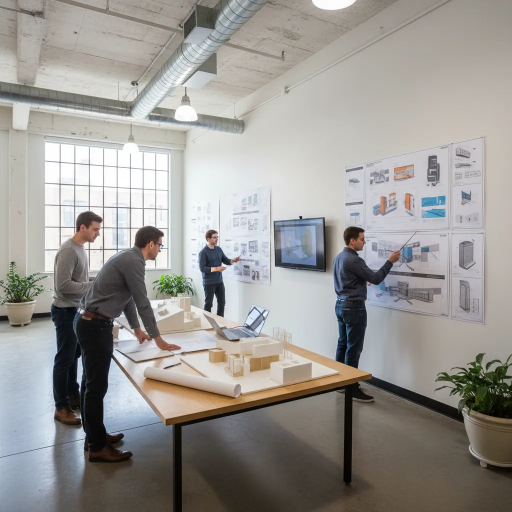 architecture students presenting design boards during a critique review