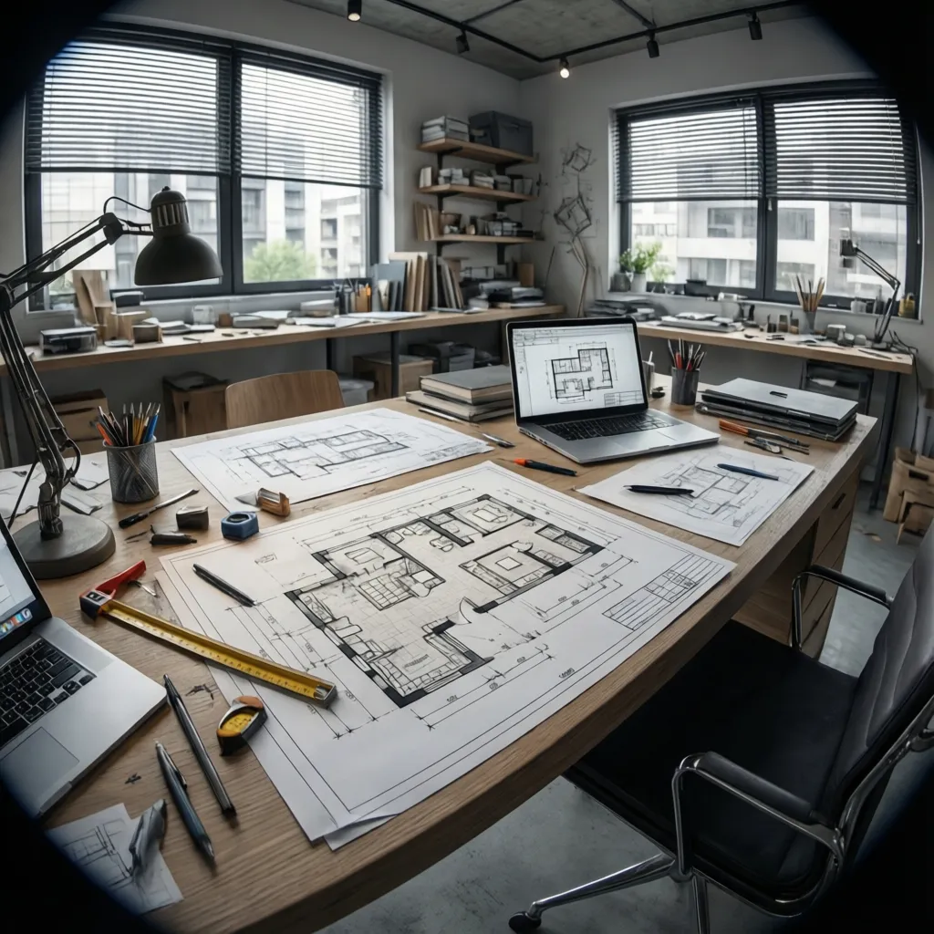 architect reviewing floor plans and construction drawings on desk
